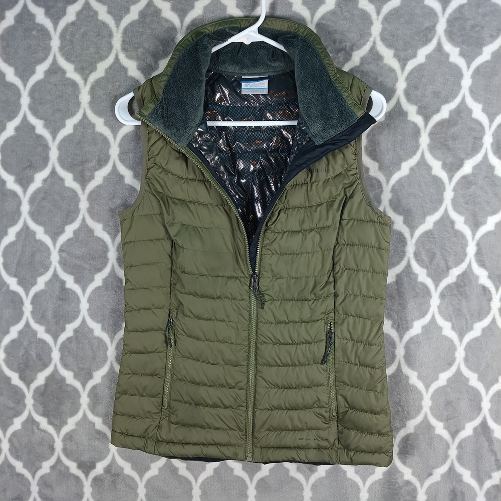 Columbia Puffer Vest Women Small Olive Green Omni-Heat Quilted Sleeveless Jacket